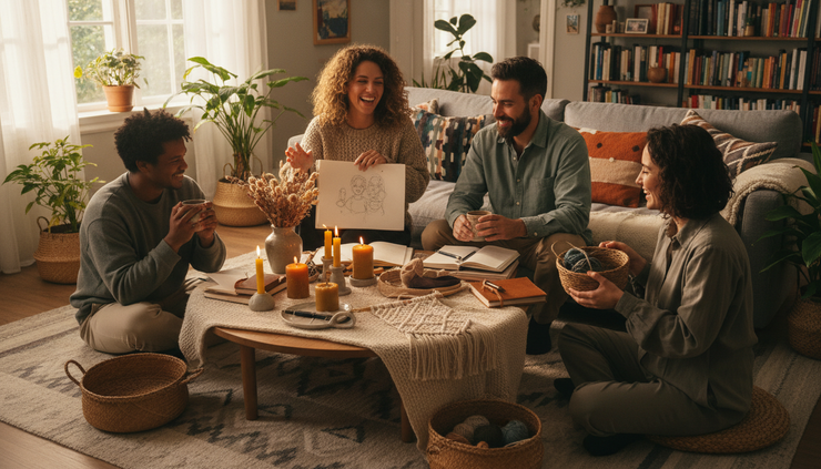 Wide-angle view of three people gathered in a cozy living room looking at handmade home decor.