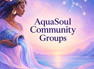 AquaSoul Community Groups card with a woman pouring water under a starry sky