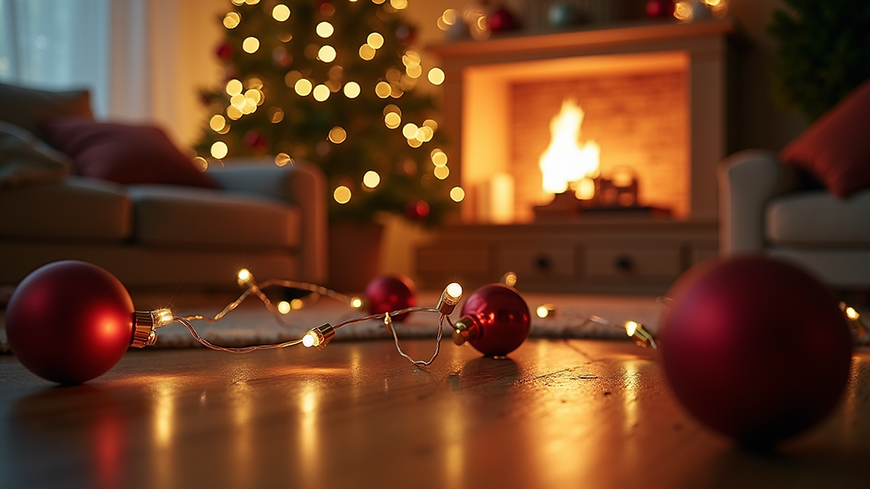 Eye-level view of a cozy living room decorated with Christmas lights and ornaments