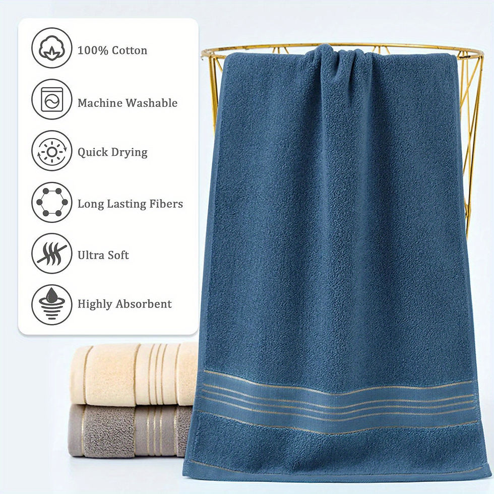 Thumbnail: Hanging blue cotton towel with White and Brown folded towels, machine washable, quick drying, long lasting, ultra soft