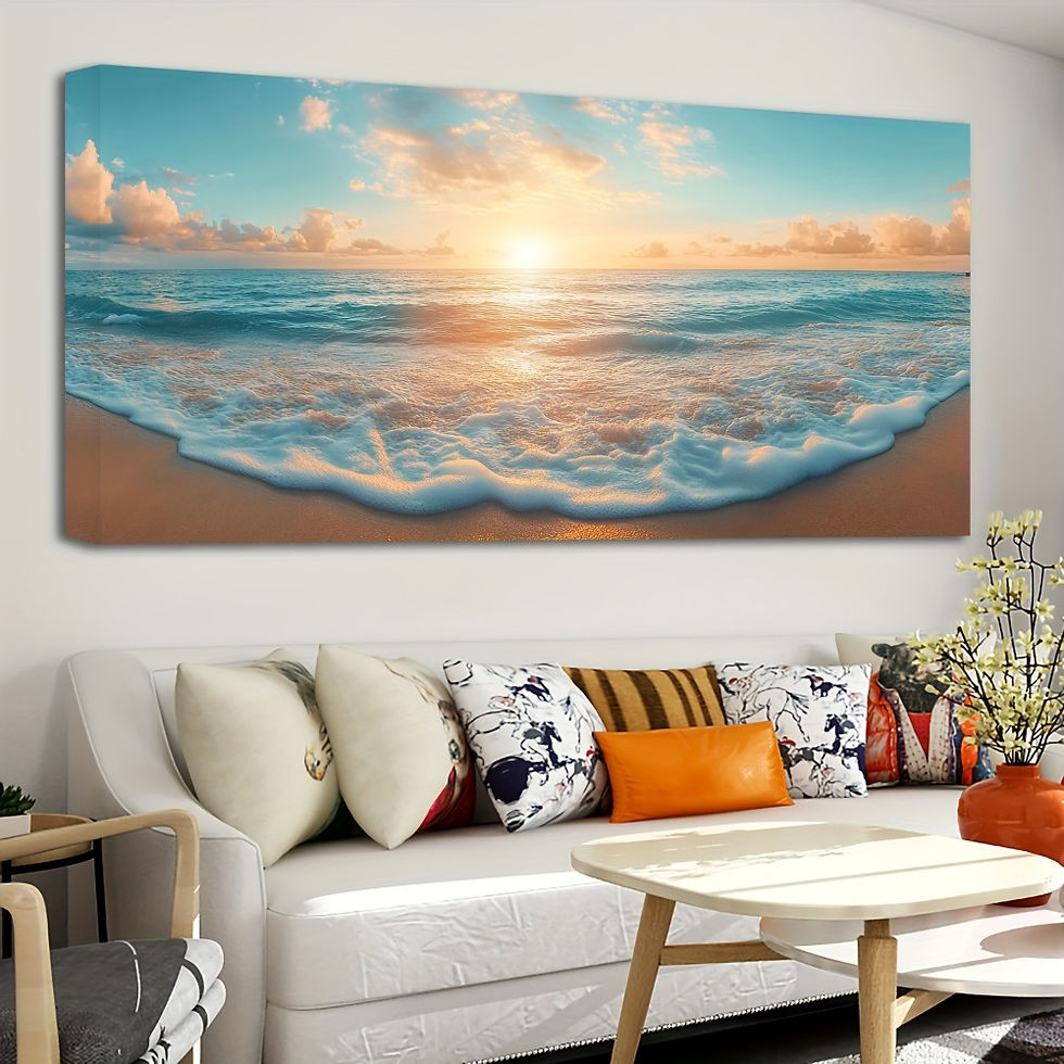 Thumbnail: Side view of the Beach Sunset Canvas Wall Art over a white couch with decorative pillows and a white center table