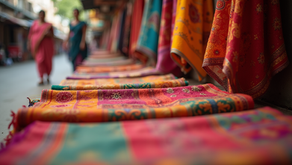 Eye-level view of a colorful display of traditional Indian textiles