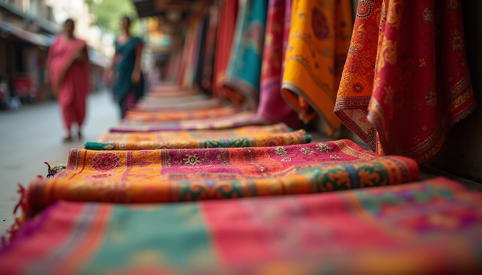 Eye-level view of a colorful display of traditional Indian textiles