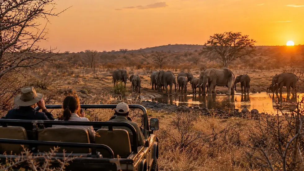 Elephants at a waterhole near a safari vehicle in a private reserve bordering Kruger in South Africa