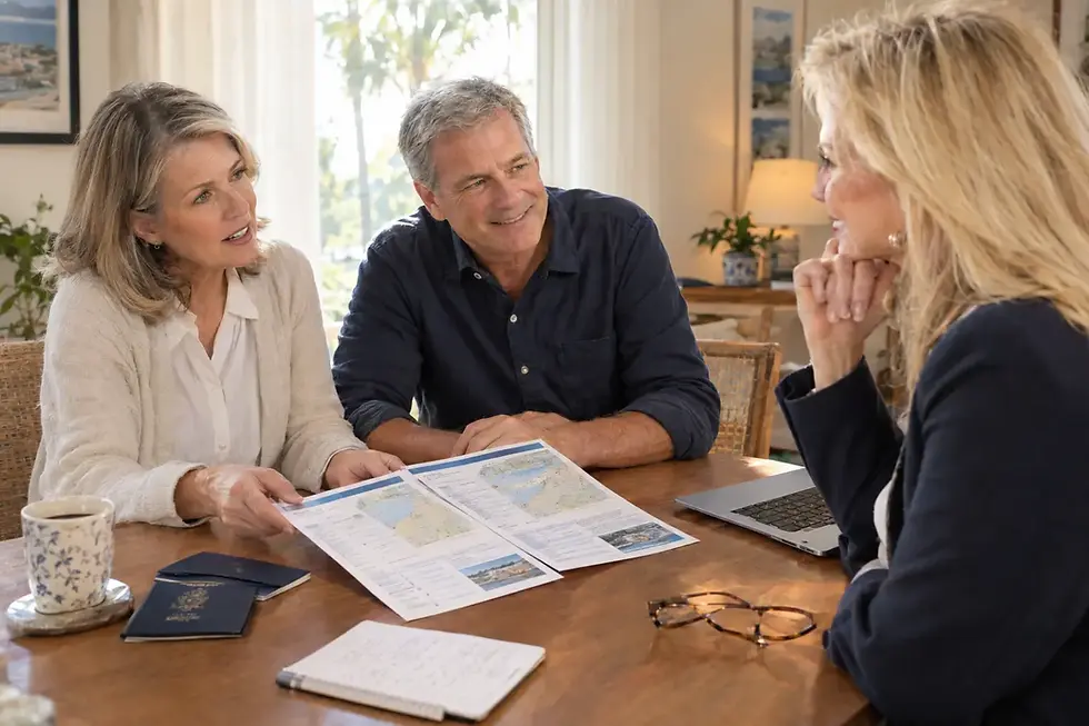 Advisor reviewing two river cruise itineraries with a couple at her desk