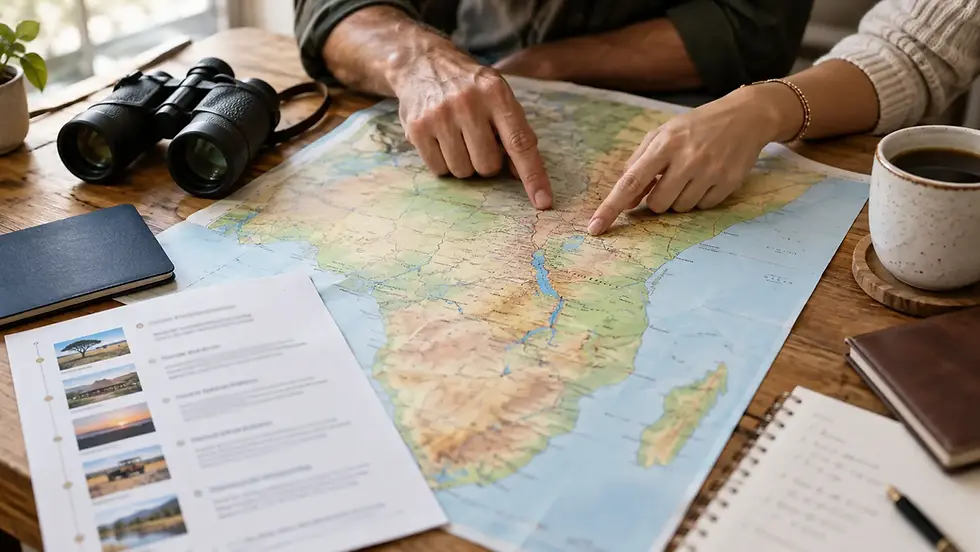 Couple reviewing an African safari itinerary and map with a travel advisor at a desk