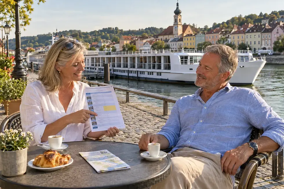 Couple enjoying a free afternoon at a café in a European river town
