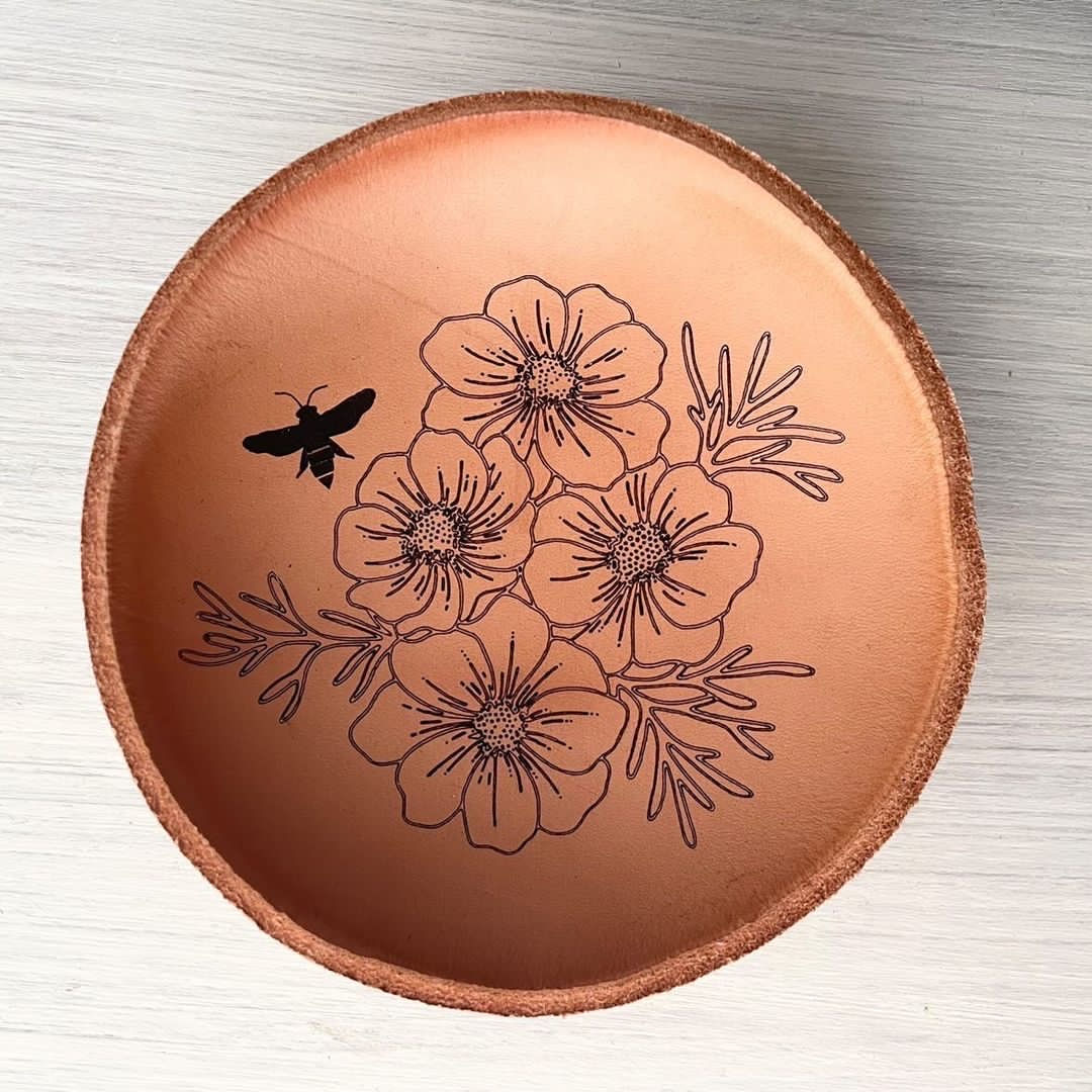 Floral and Bee Leather Bowl by Indigo Bee Co.