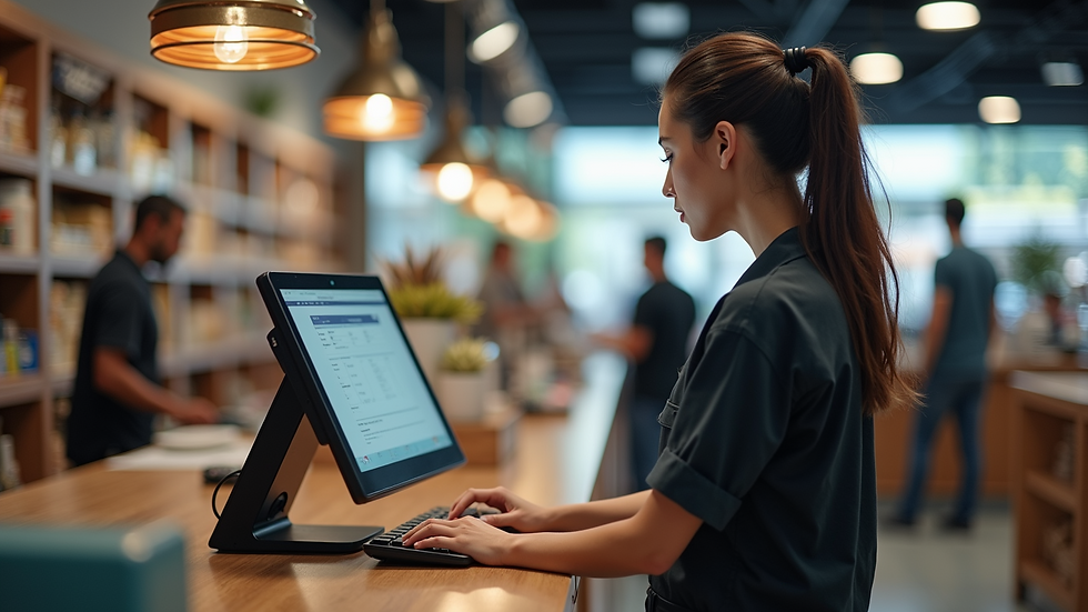 Eye-level view of a retail employee using a POS system