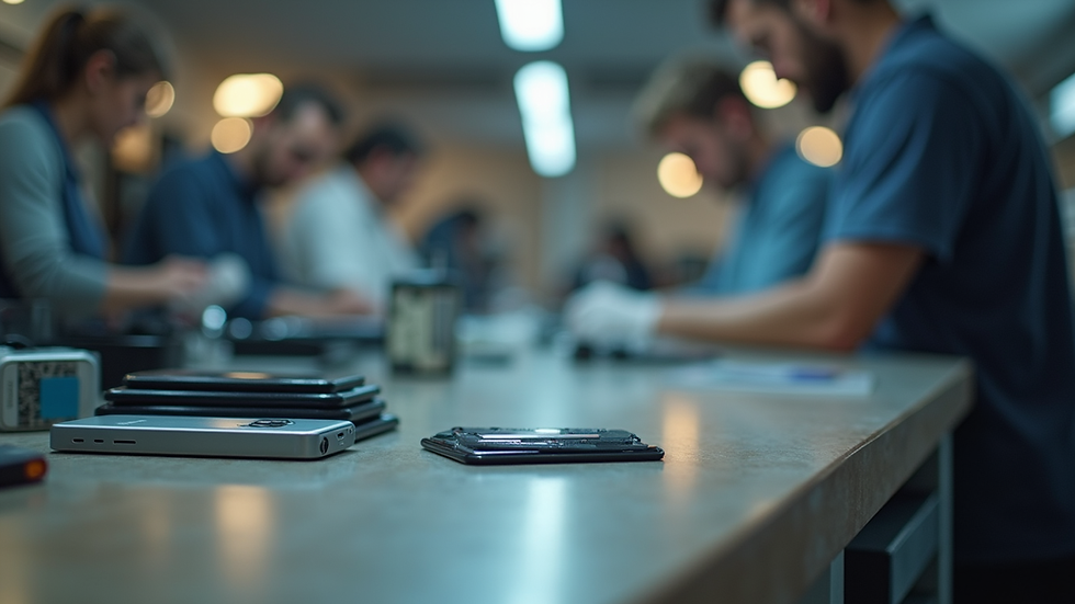 Eye-level view of a smartphone repair shop counter with Pixel phones
