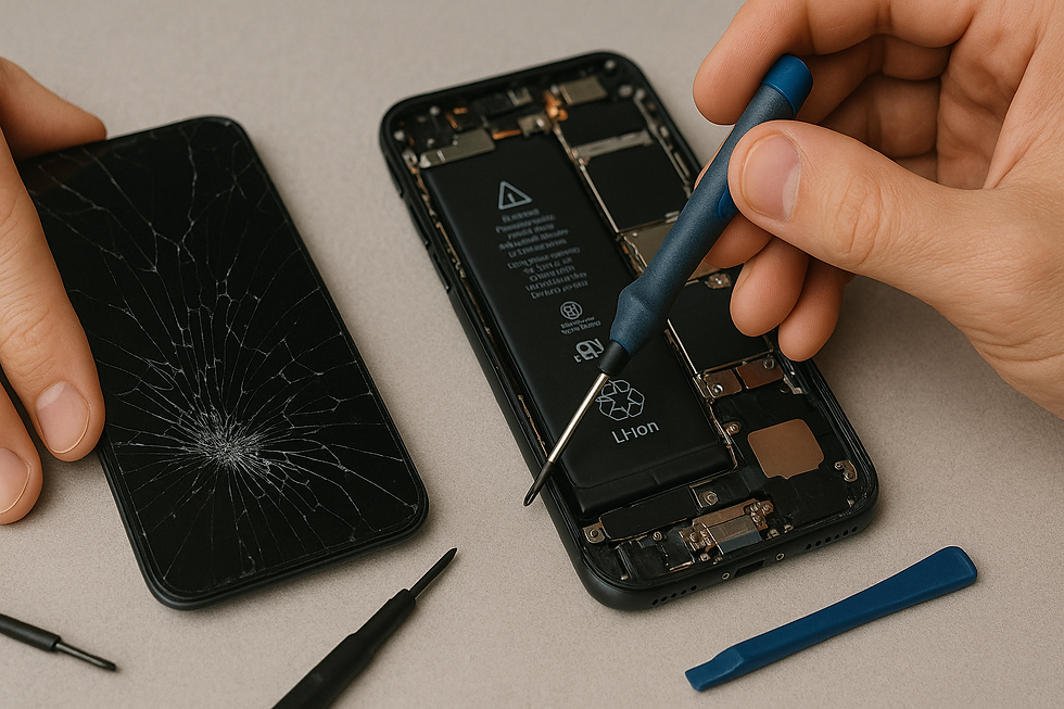 スマートフォンの修理中、壊れた画面を取り外し、内部のバッテリーが見える状態。