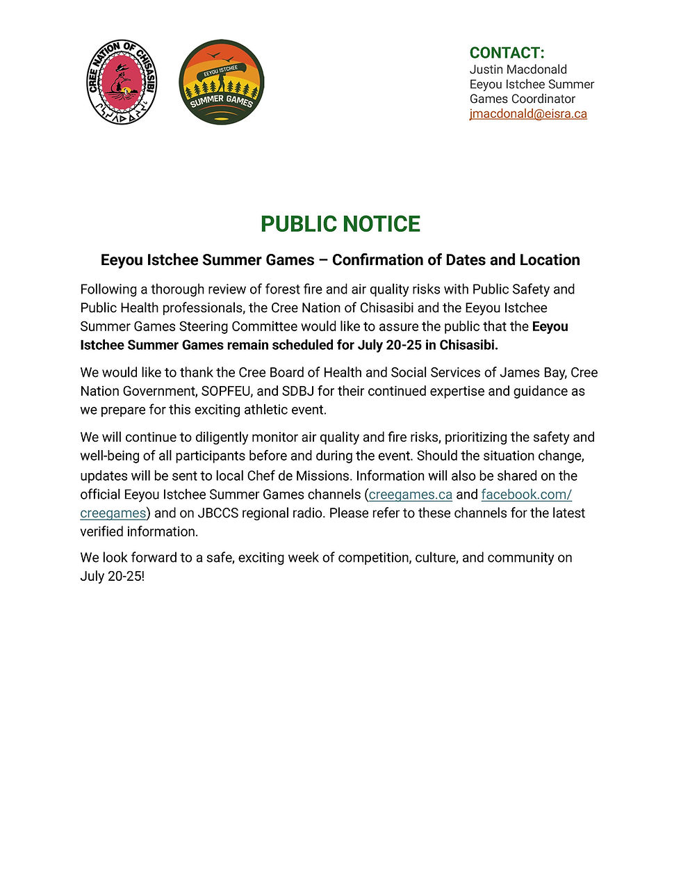 Public Notice: Confirmation of Dates and Location