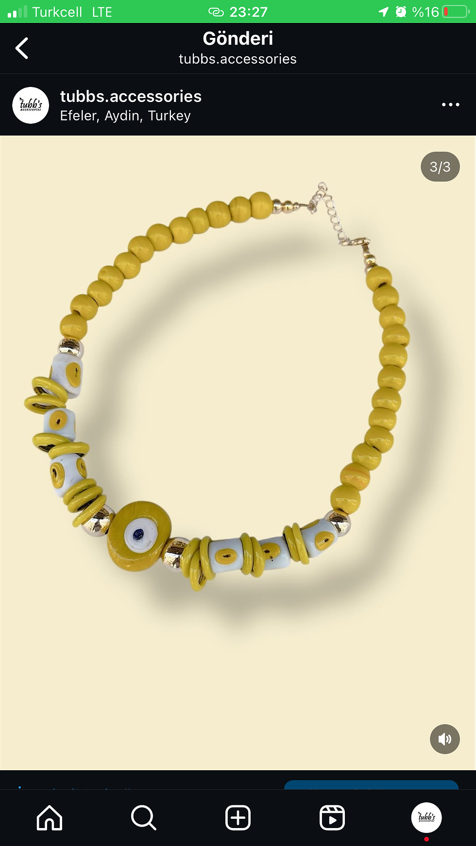 Sarı cam boncuklu  nazar kolye