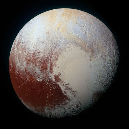 A close-up image of Pluto, showcasing its reddish and whitish surface. The heart-shaped area is prominent. Dark space forms the backdrop.