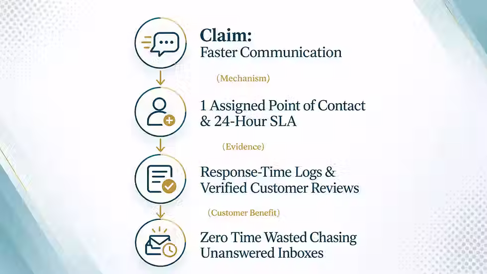 Framework showing how to turn a generic marketing claim into a specific mechanism, evidence, and customer benefit