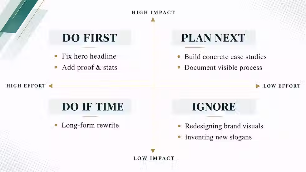 Impact-versus-effort matrix for prioritizing positioning and marketing improvements