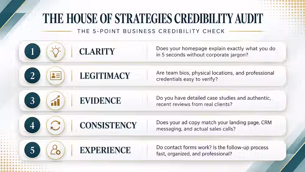 Five-point business credibility audit covering clarity, legitimacy, evidence, consistency, and customer experience