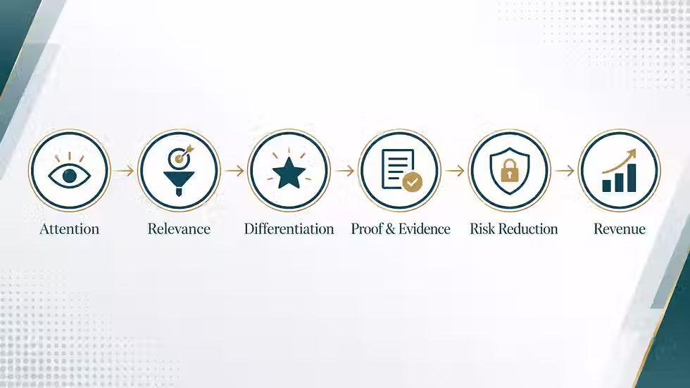 Marketing positioning pipeline from attention and relevance through differentiation, proof, risk reduction, and revenue