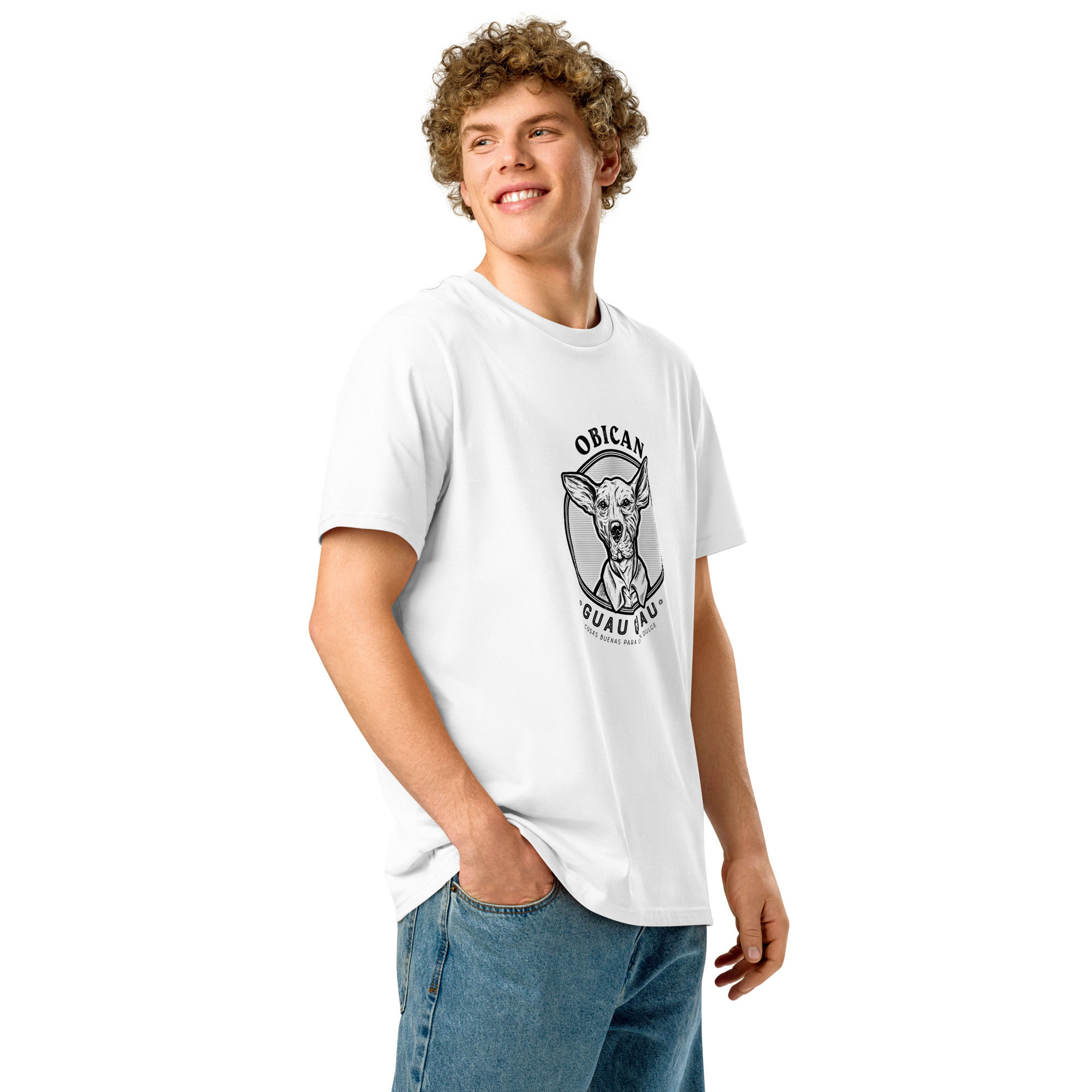 Camiseta unisex de cuello acanalado orgánico con fondo Obican Guau Guau