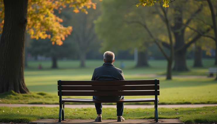 Eye-level view of a person sitting alone on a park bench, looking thoughtful