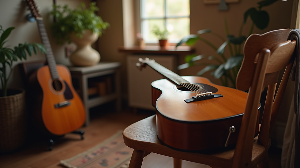 Eye-level view of acoustic guitar resting on a wooden chair in a cozy music room