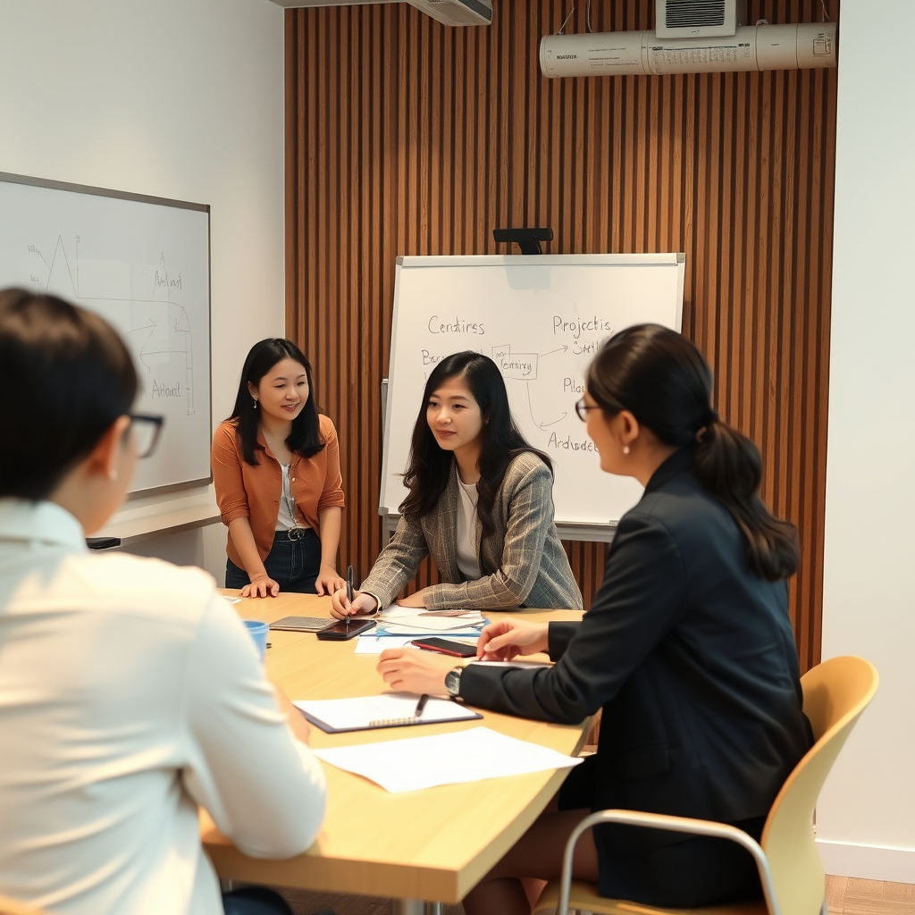 photo of asia people having a meeting with a whiteboard and moving and busy discussing abo