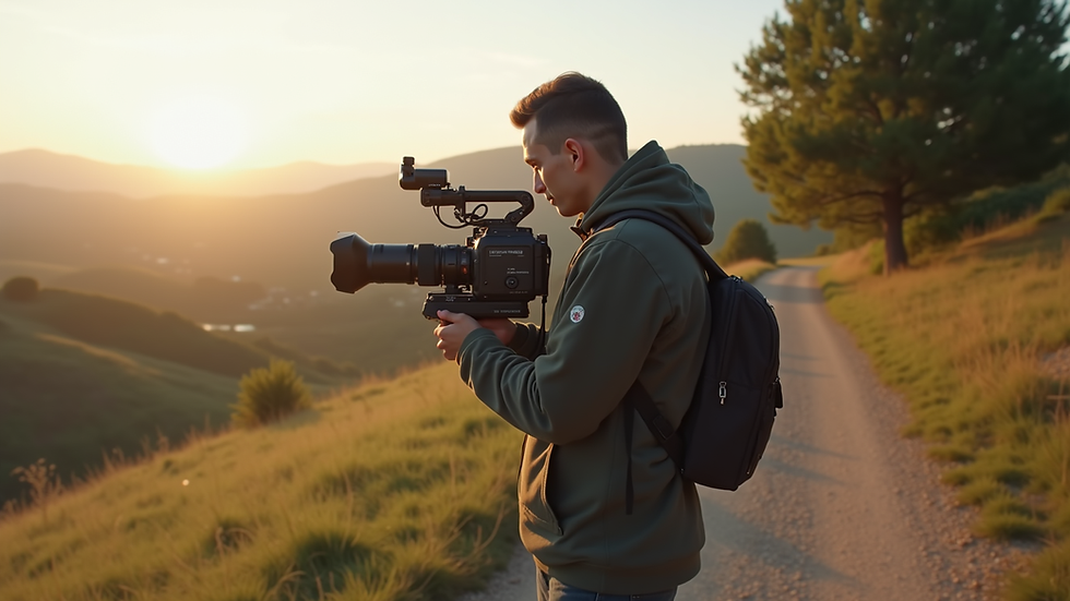 Eye-level view of a videographer capturing footage in a scenic outdoor location