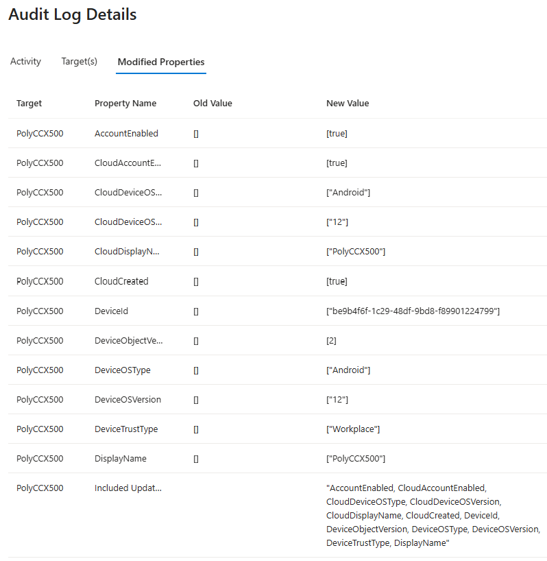Entra audit log entry showing the device properties being added