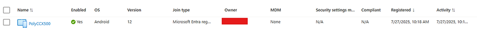 screenshot from Entra showing Teams device being added