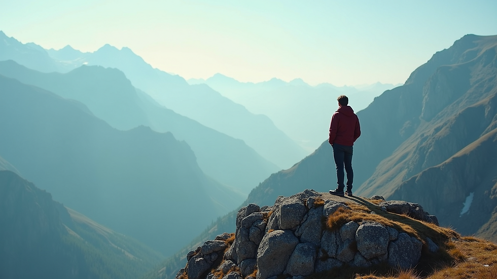 Eye-level view of a person standing on a mountain peak looking at the horizon