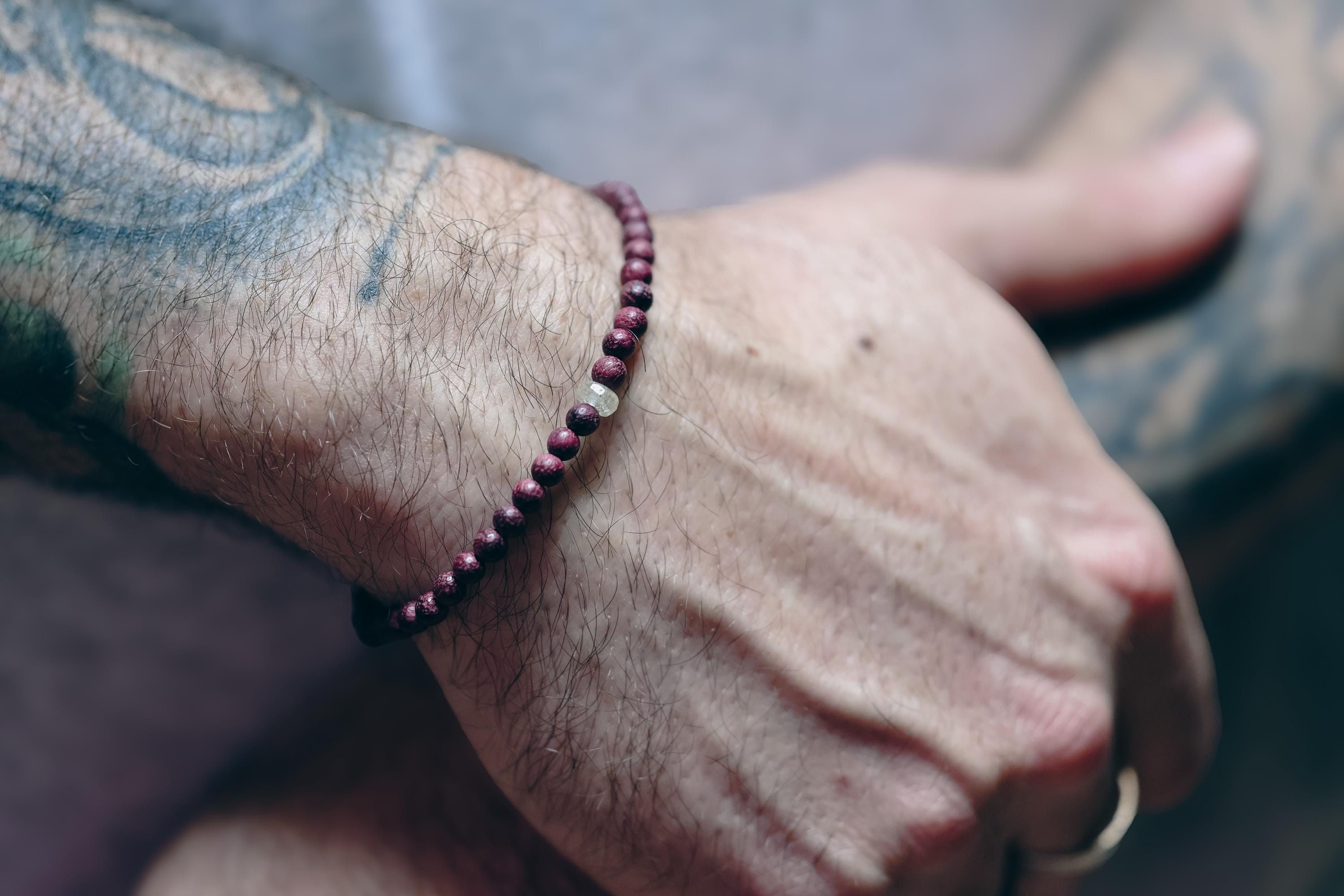 Purpleheart Wood and Libyan Desert Glass Bead Handmade Bracelet