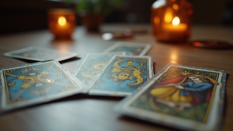 Close-up view of tarot cards spread on a wooden table