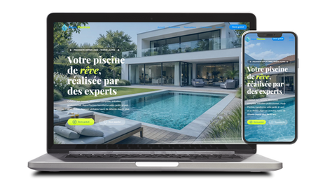 site web pour pisciniste et technicien de maintenance piscine à Lyon, réalisé par l'agence Structuria. Design moderne, tons bleus et blancs, mettant en avant les réalisations et les services d'entretien.