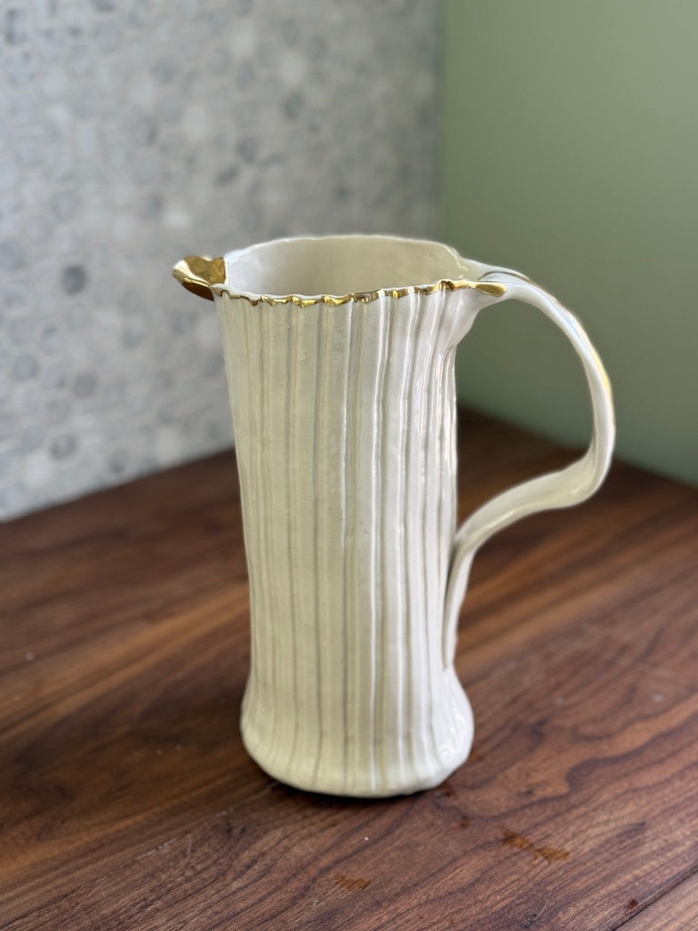 Fluted Porcelain Pitcher with Gold Details