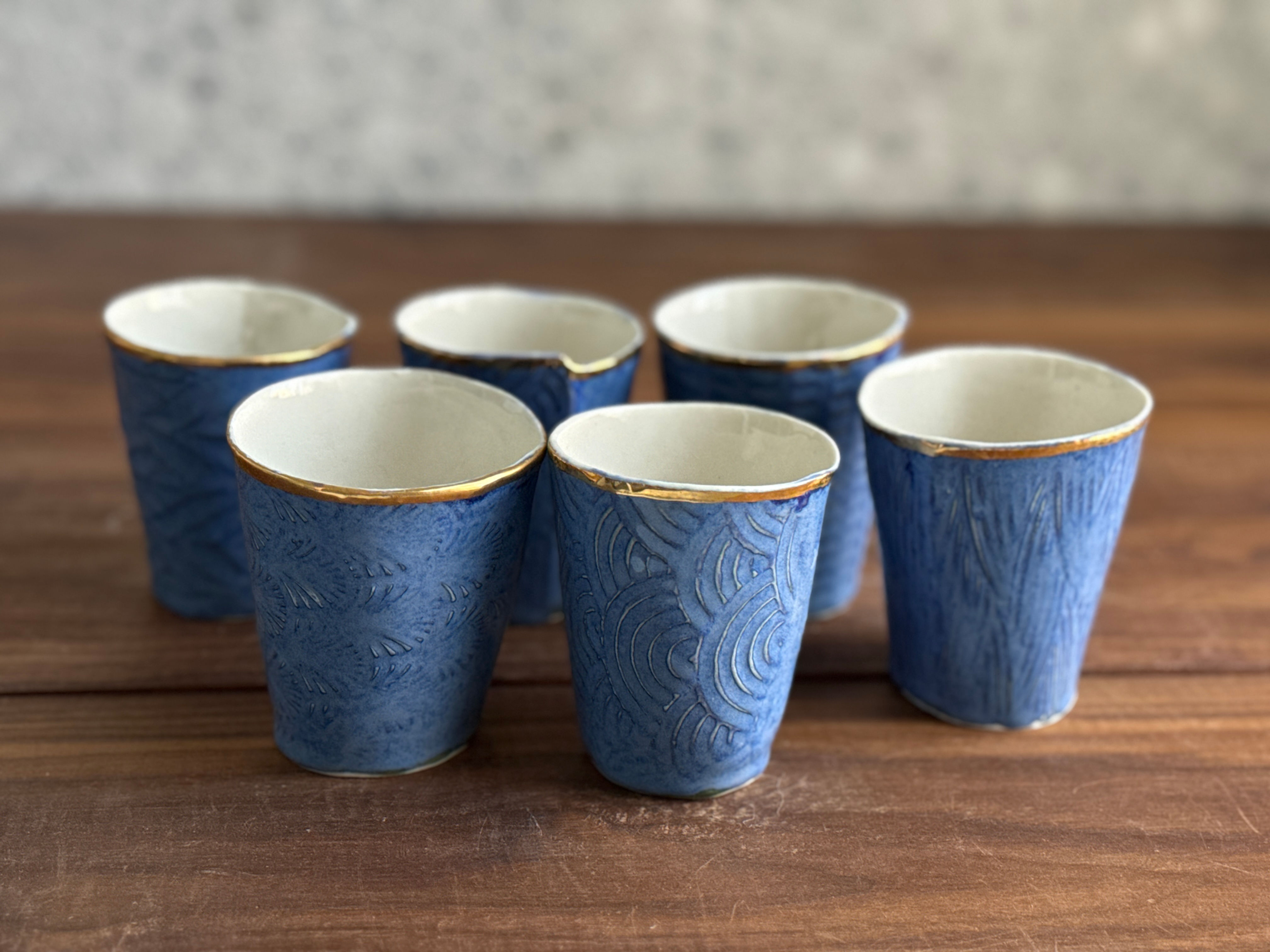 Blue Textured Porcelain Tumblers with Gold Rim - sold in a set of 2