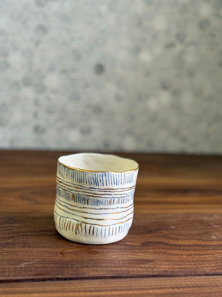 Thumbnail: Blue and Gold Striped Porcelain Candle Vessel with Gold Rim