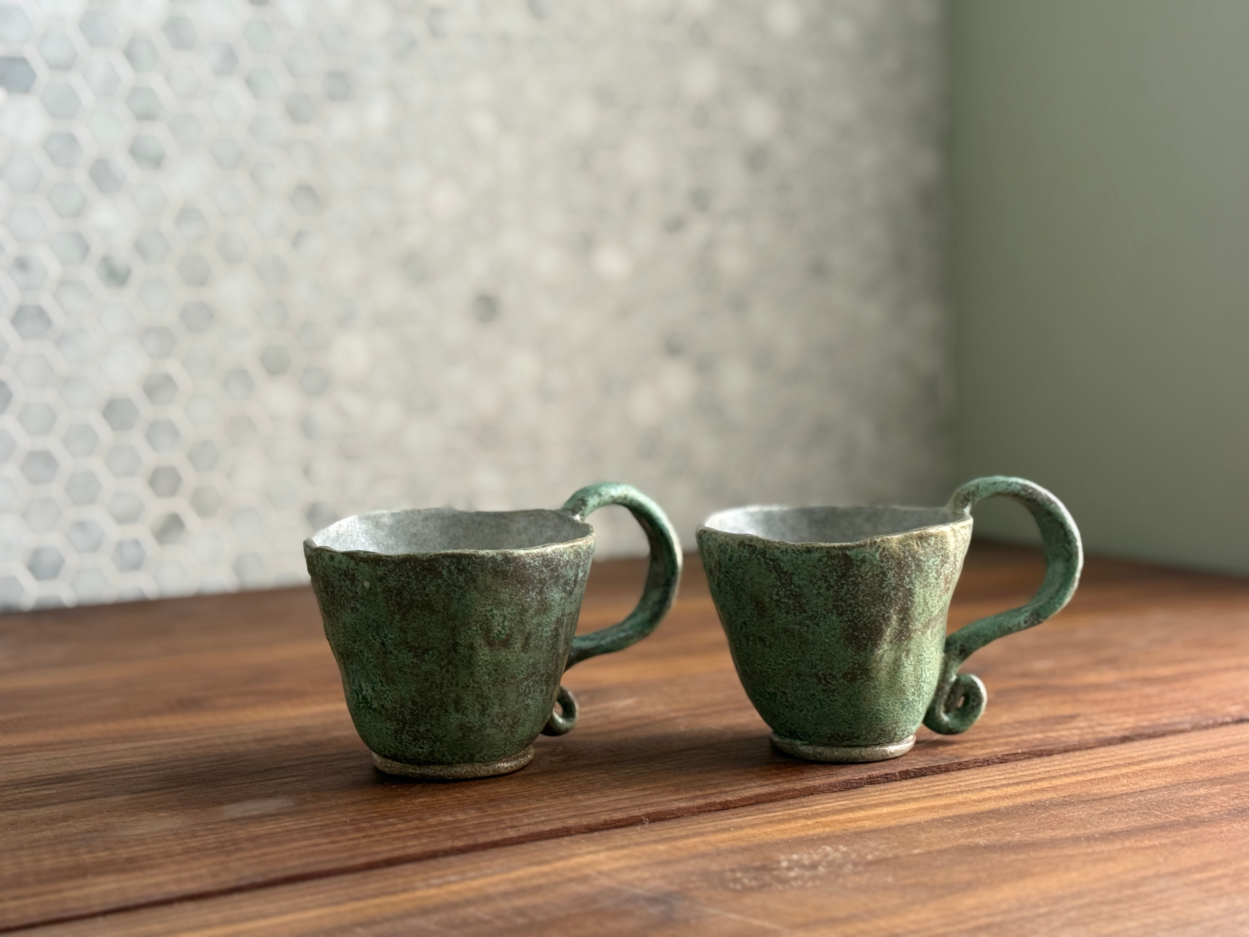 Copper-Green Glazed Swirl-Handled Mugs - sold in a set of 2