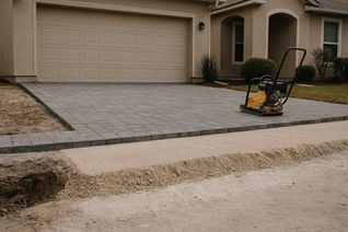 Paver driveway under construction with a deep compacted crushed-stone base visible at the excavation edge beside a Jacksonville home