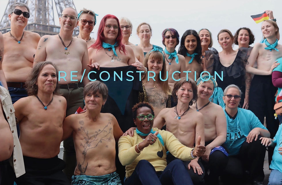 women with mastectomies show off their flat chests. Photo from Re/Construction film