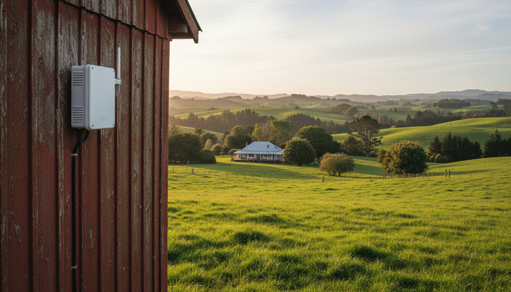 Wide-angle view of an outdoor WiFi unit mounted on a rural shed with a Northland home in the background