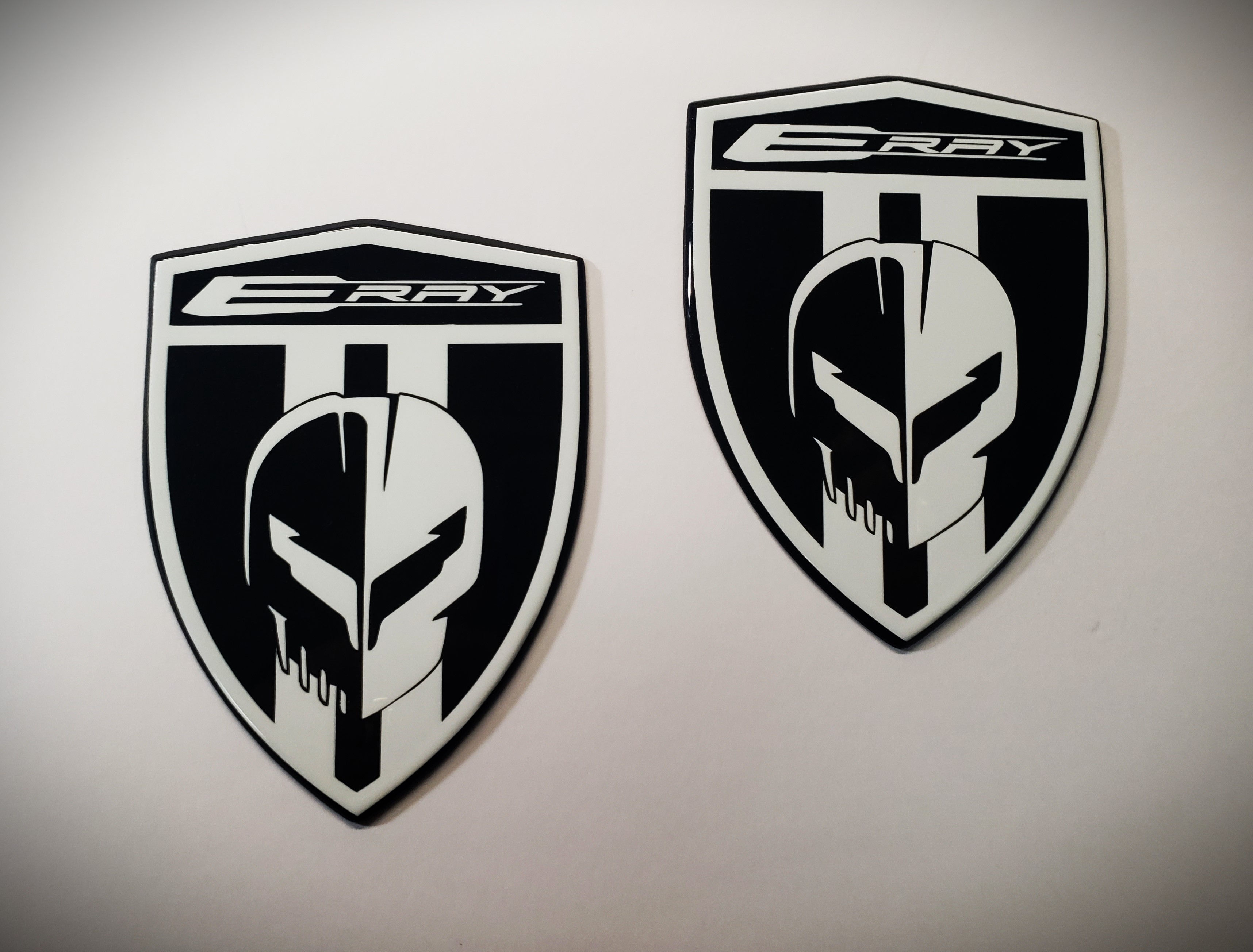 C8 CORVETTE ERAY FENDER BADGES- WHITE ON CARBON FLASH