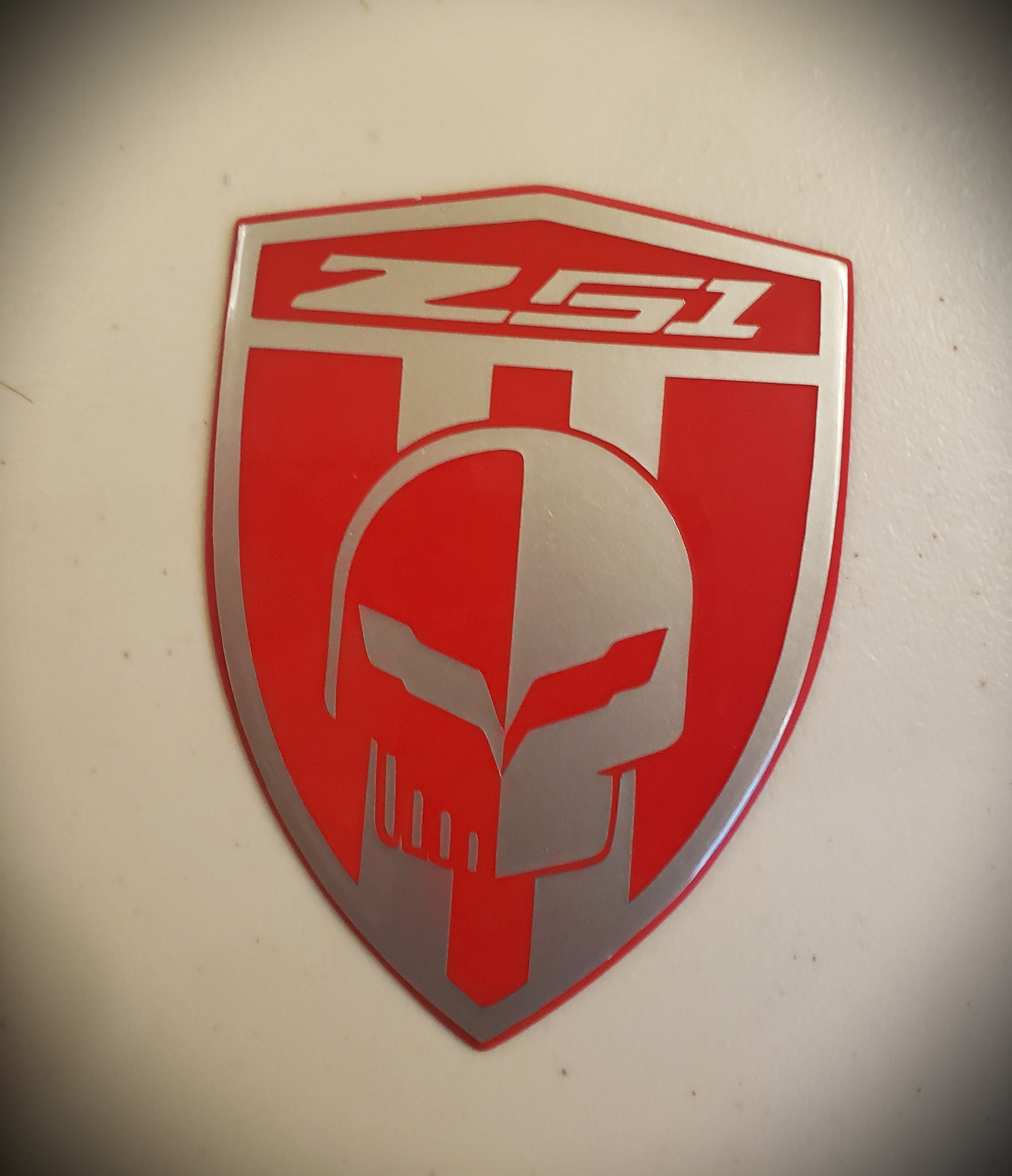 C7 CORVETTE Z51 DECK LID BADGE- SILVER JAKE ON TORCH RED