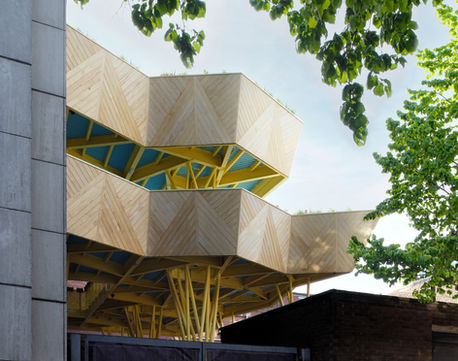 An elevated, sculptural terrace transforms a constrained urban rooftop into a green retreat for 600 secondary school students in the heart of East London.