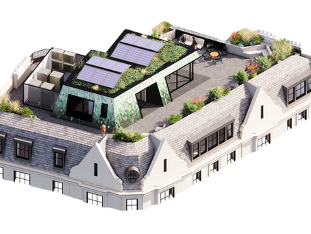 Rooftop garden with solar panels on a building. Green and tiled roof, seating area, and lush plants create a modern, eco-friendly setting.