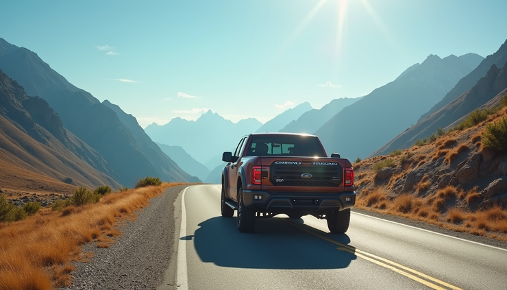 Eye-level view of a rugged pickup truck parked on a sunny mountain road with clear blue skies
