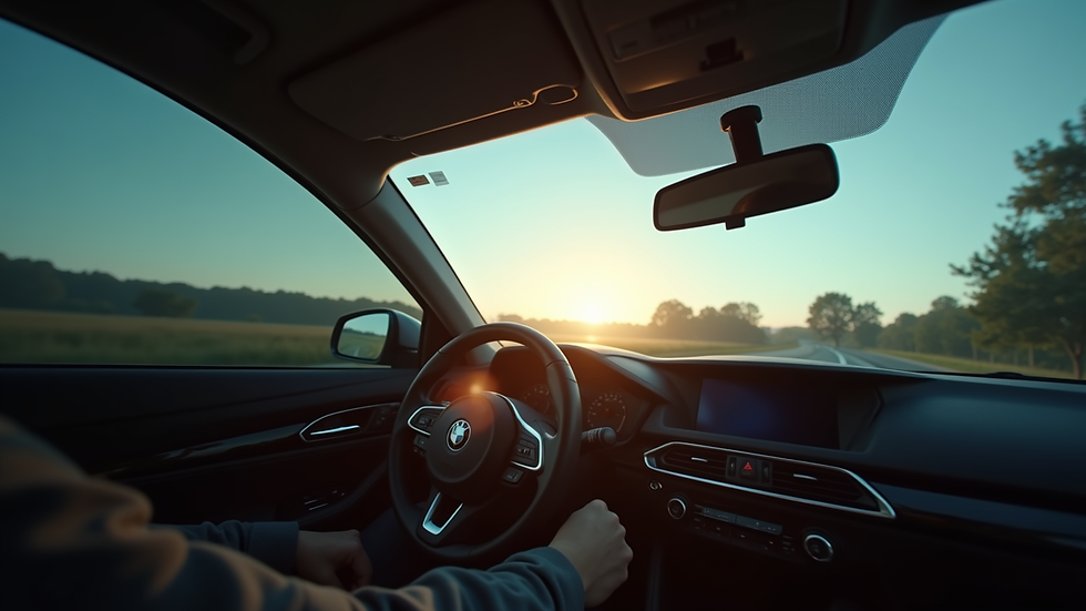 High angle view of a car interior showing tinted windows with sunlight outside