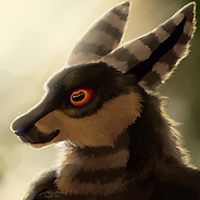 Detailed portrait of Oddjob, a black and tan creature with long striped ears and a striped chest, vaguely roo like.