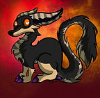 Coloured sketch of Oddjob, a weird long creature with long striped ears, orange eyes, black and tan fur.