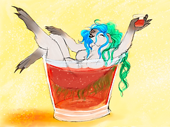 coloured sketch of an hymalayan (cream coloured with brown feet and nose) guinea pig, long blue and green hair, bathing in a glass of bubbly red liquid, with a glass in their hand, celebrating.