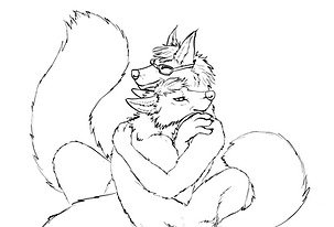 Inked line art of two anthro foxes hugging.